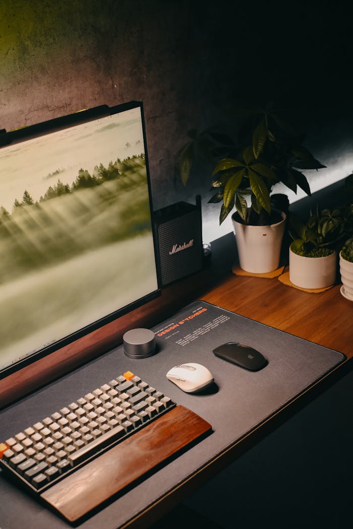 A sleek home office desk setup showcasing a keyboard, monitor, and greenery, perfect for modern workspaces.